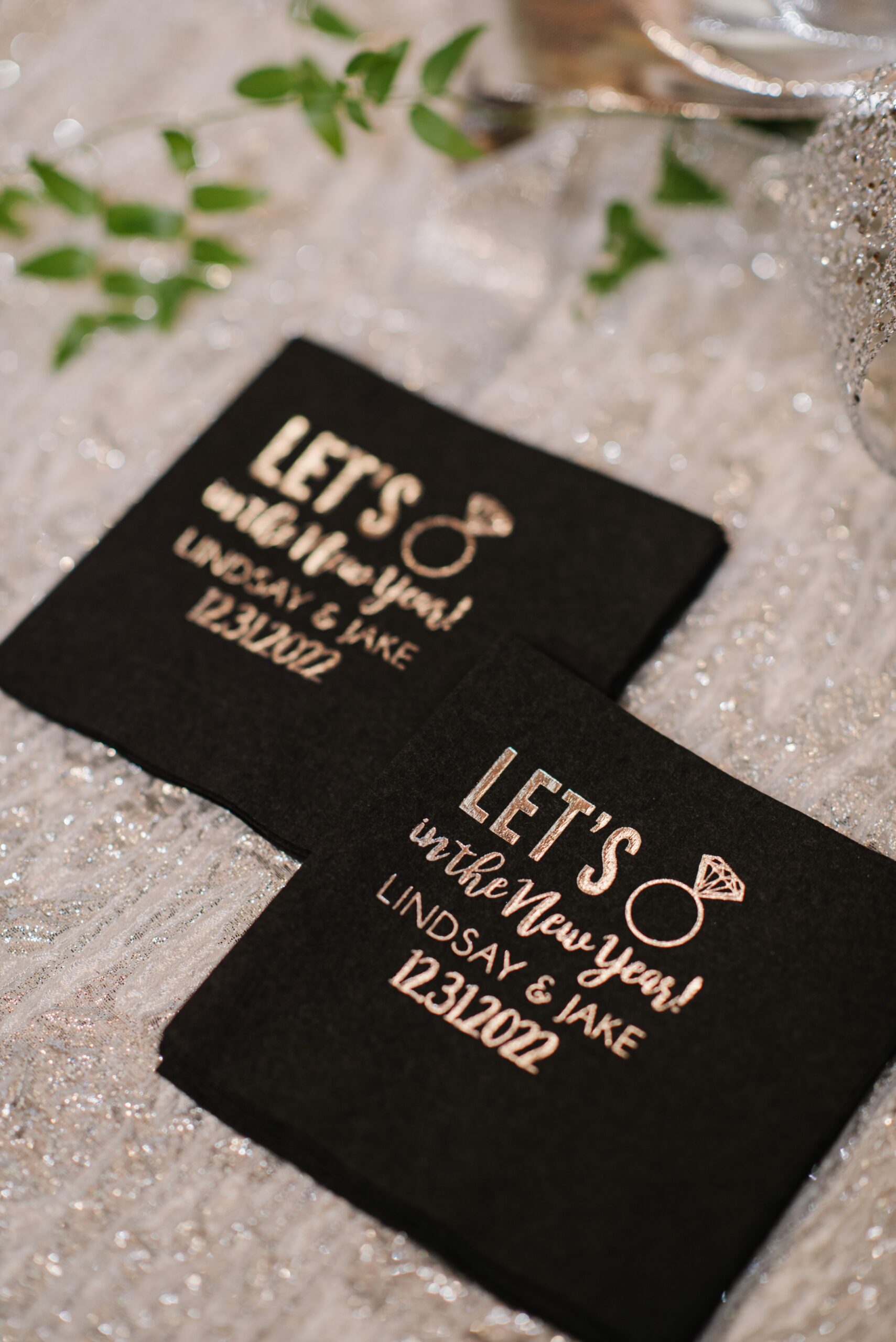 Reception at Thousand Hills Ranch Customized cocktail napkins for San Luis Obispo County wedding.